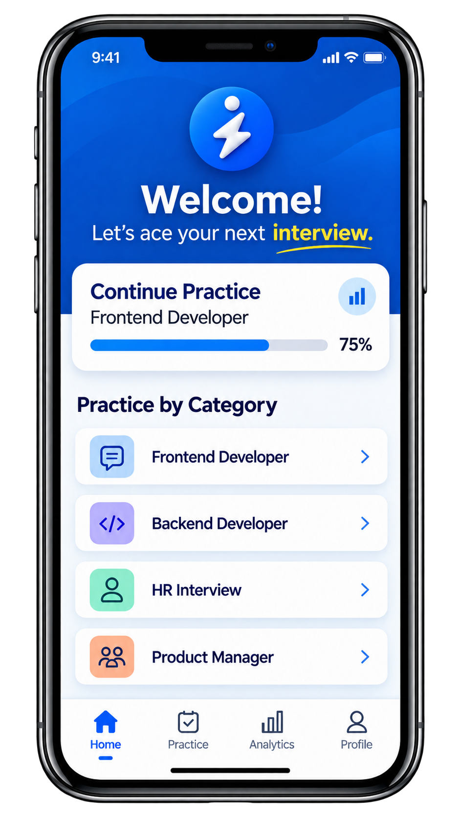 Interview Flash mobile app home screen — continue practice, categories, and progress
