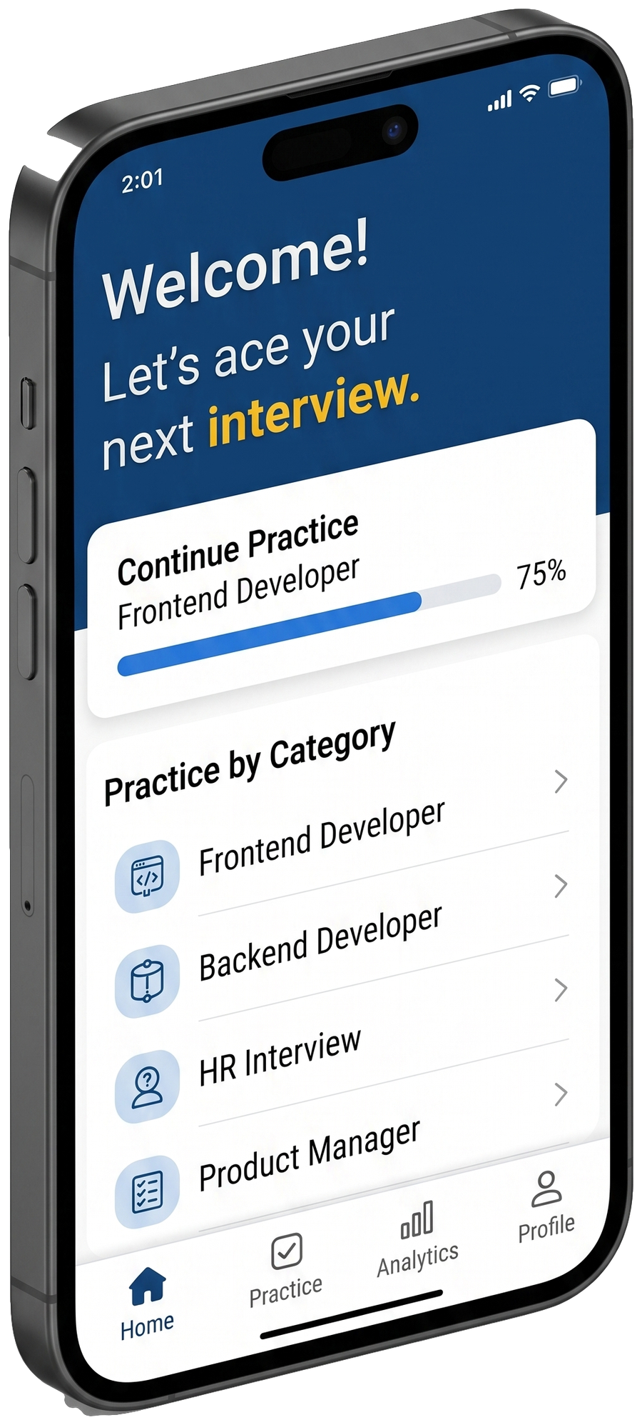 Interview Flash app open on a phone, showing today's practice progress and question categories
