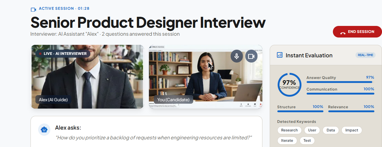 AI Mock Interview session: the AI interviewer and candidate video side by side, a question and answer box, and a live Instant Evaluation scorecard on the right