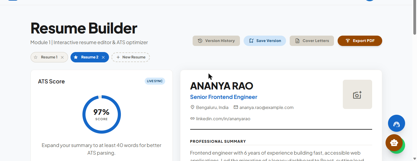 Resume Builder live editor: a form on the left for contact info, skills, and experience, with a real-time resume preview and ATS score on the right